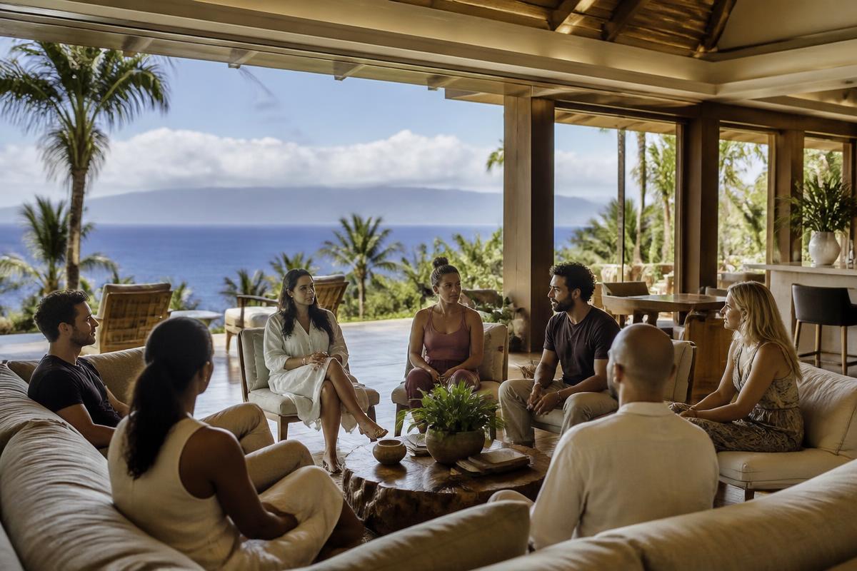 A small group learning together in a luxury Maui estate during a Kingdom Finance retreat