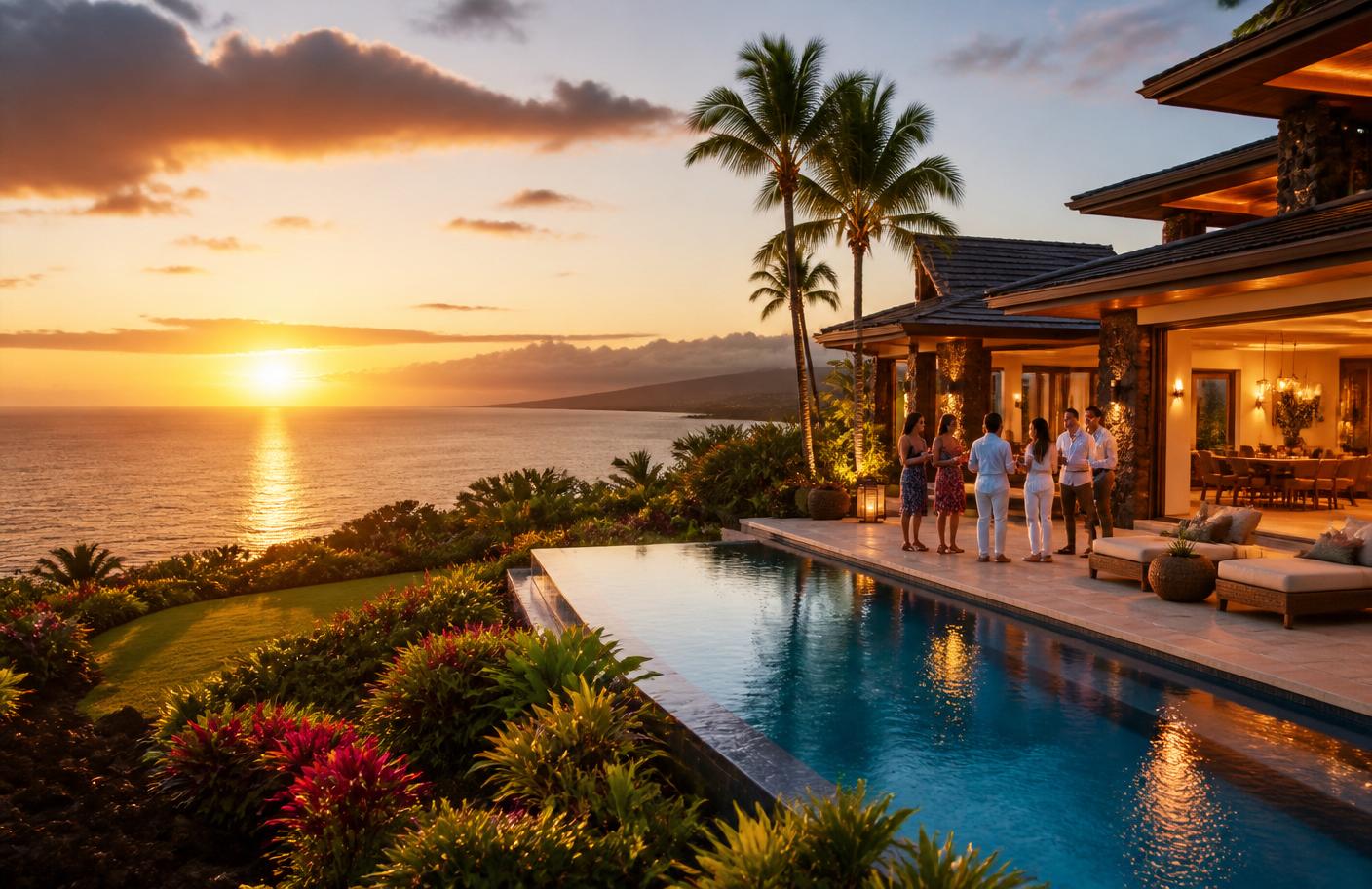A luxury oceanfront estate in Maui at sunset, hosting a Kingdom Finance retreat gathering